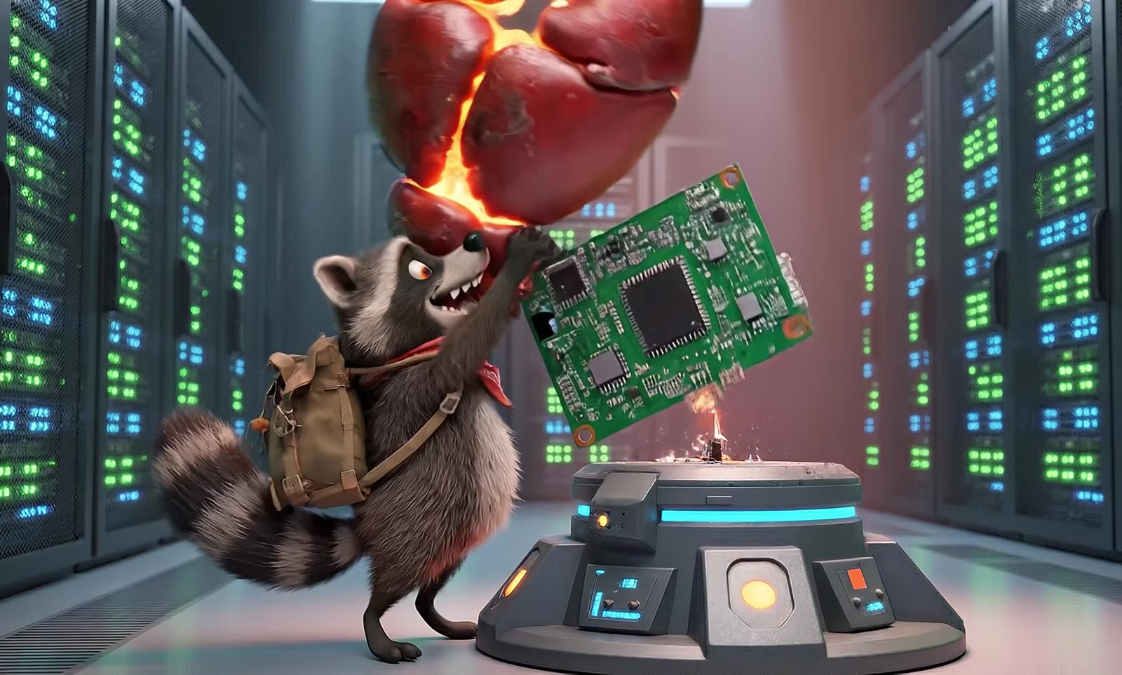 A raccoon steals a lobster claw from a fishmonger's display.